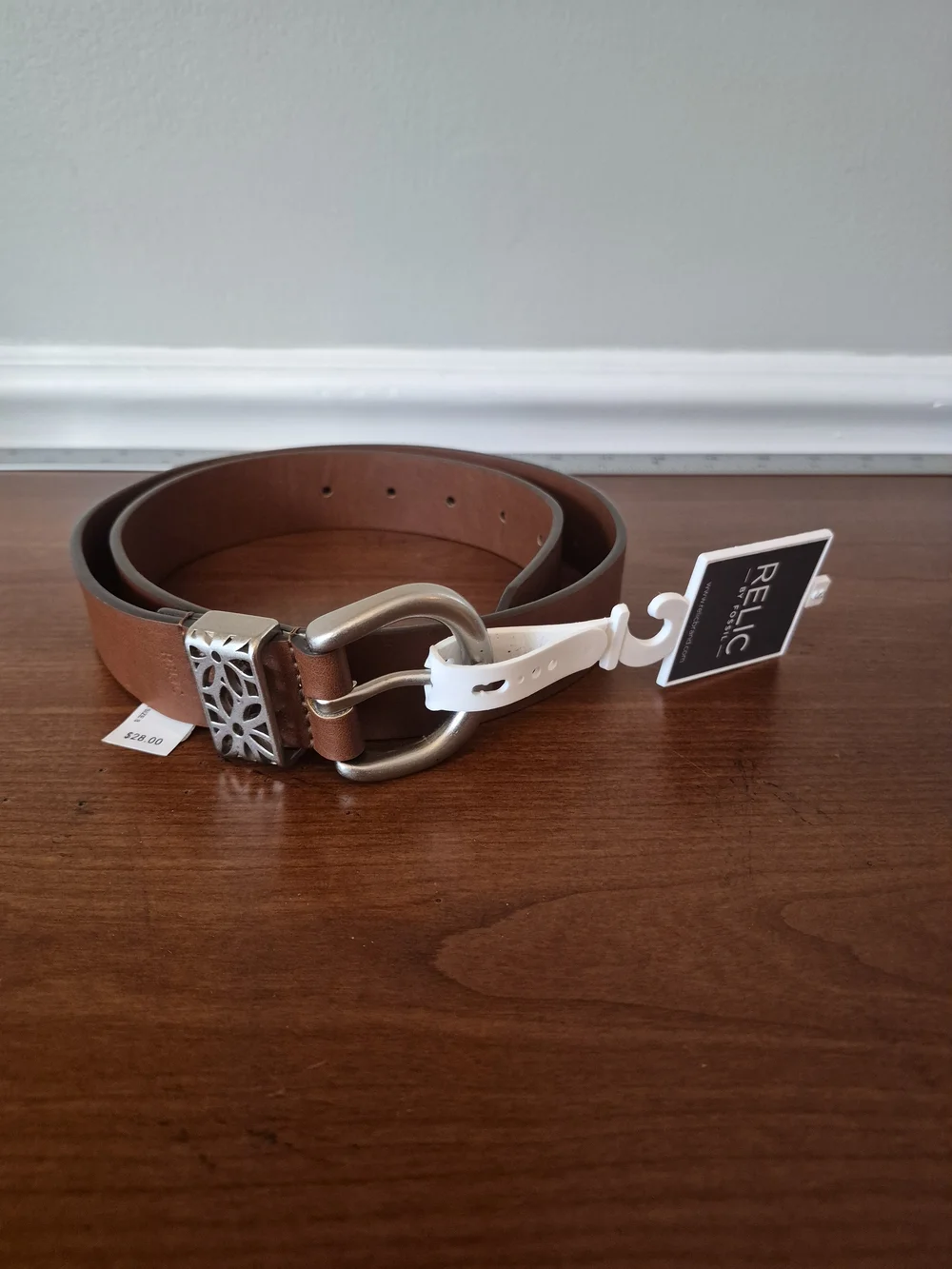 Relic Brown Leather Belt with Decorative Silver Buckle